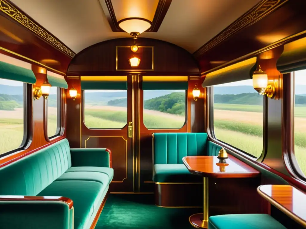 Interior de lujo de un vagón de tren vintage con mobiliario elegante, ventanas panorámicas y un ambiente cálido