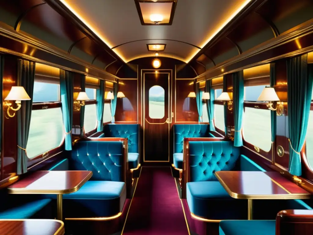 Interior lujoso del Orient Express, con asientos de terciopelo, paneles de madera y detalles de latón antiguo