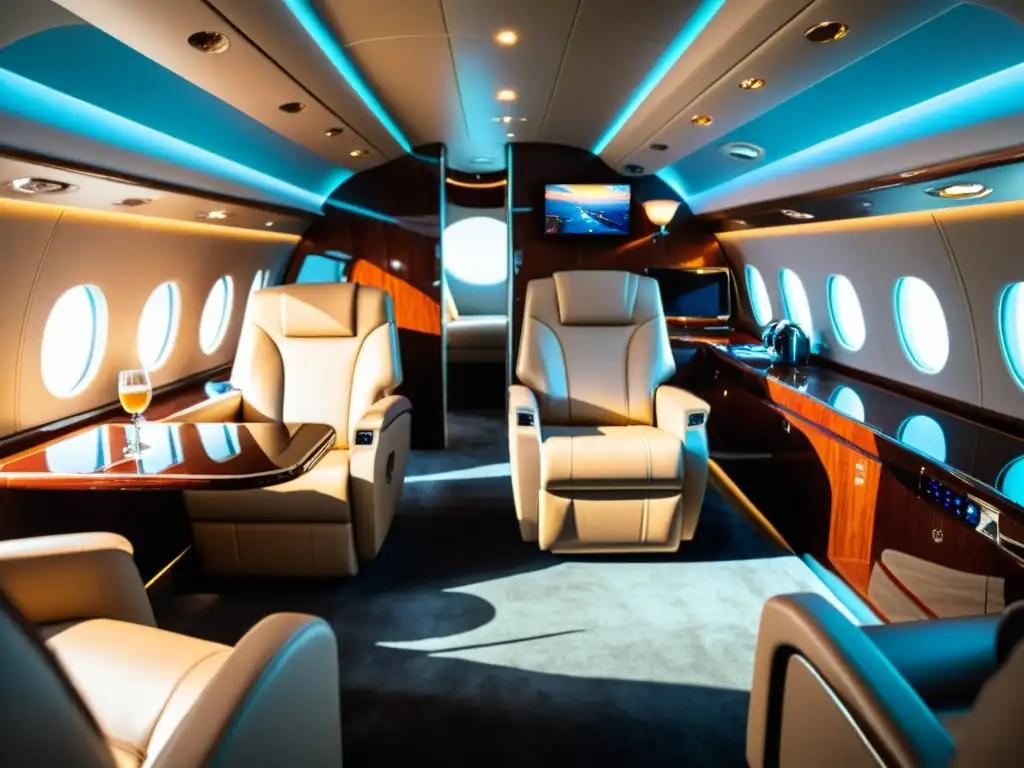 Interior lujoso de avión privado con asientos de cuero, elegante panelado de madera y comodidades modernas