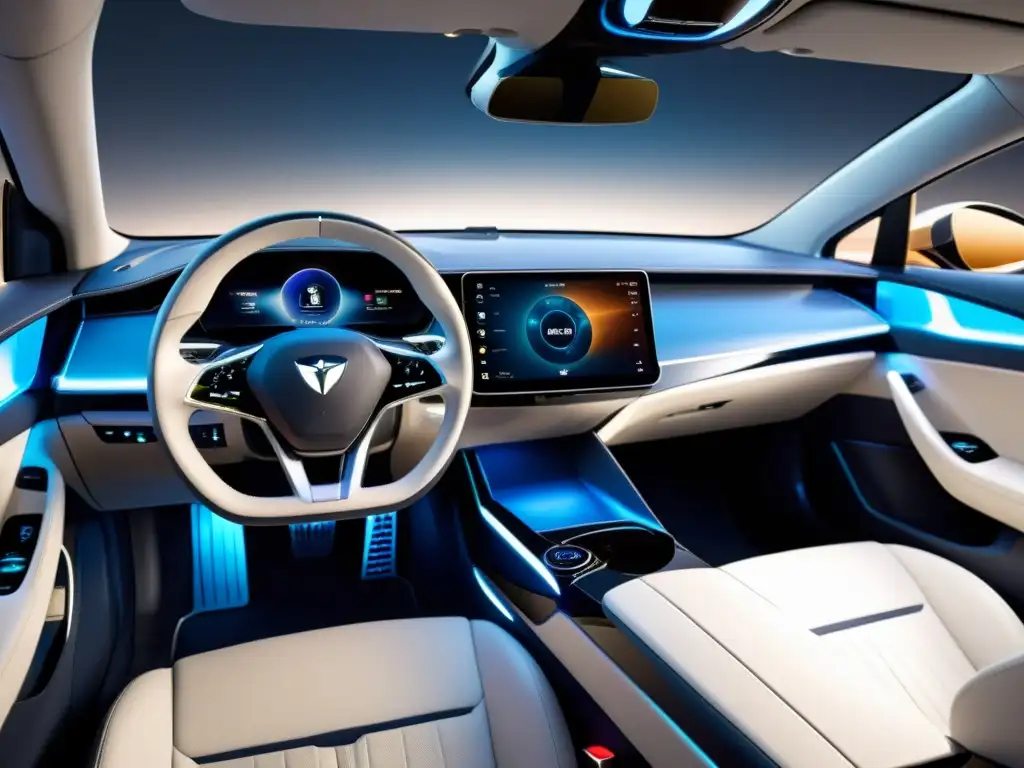 Interior lujoso de coche eléctrico con avanzada tecnología y ambiente elegante