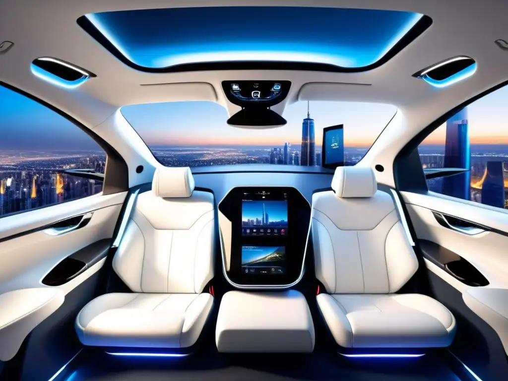 Interior lujoso de coche autónomo con tecnología ergonómica en transporte moderno, asientos ajustables y pantallas digitales