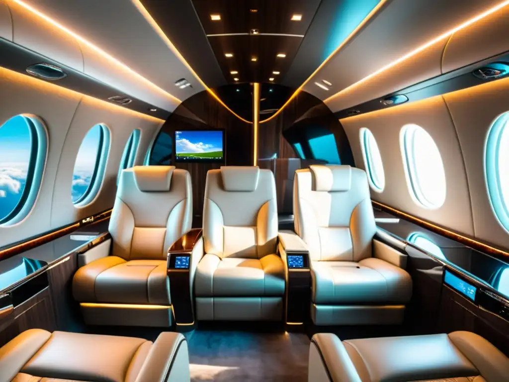 Interior lujoso de jet privado con diseño personalizado, tecnología de punta y toques elegantes