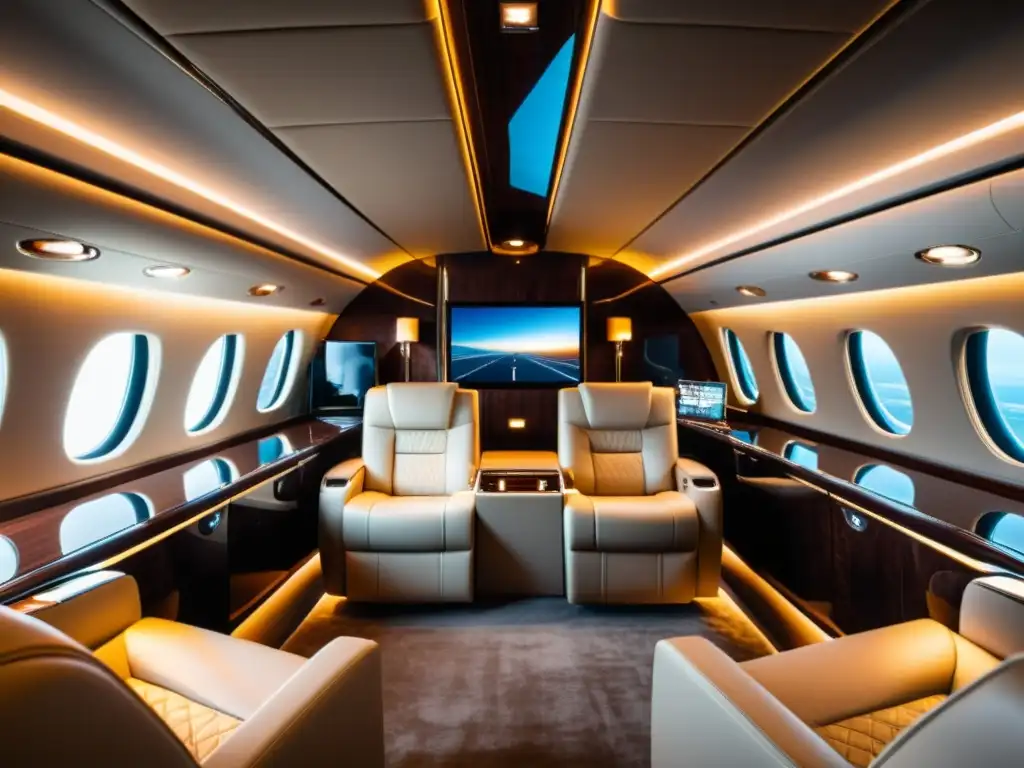 Interior lujoso de jet privado con asientos de cuero personalizados, diseño moderno y tecnología de punta