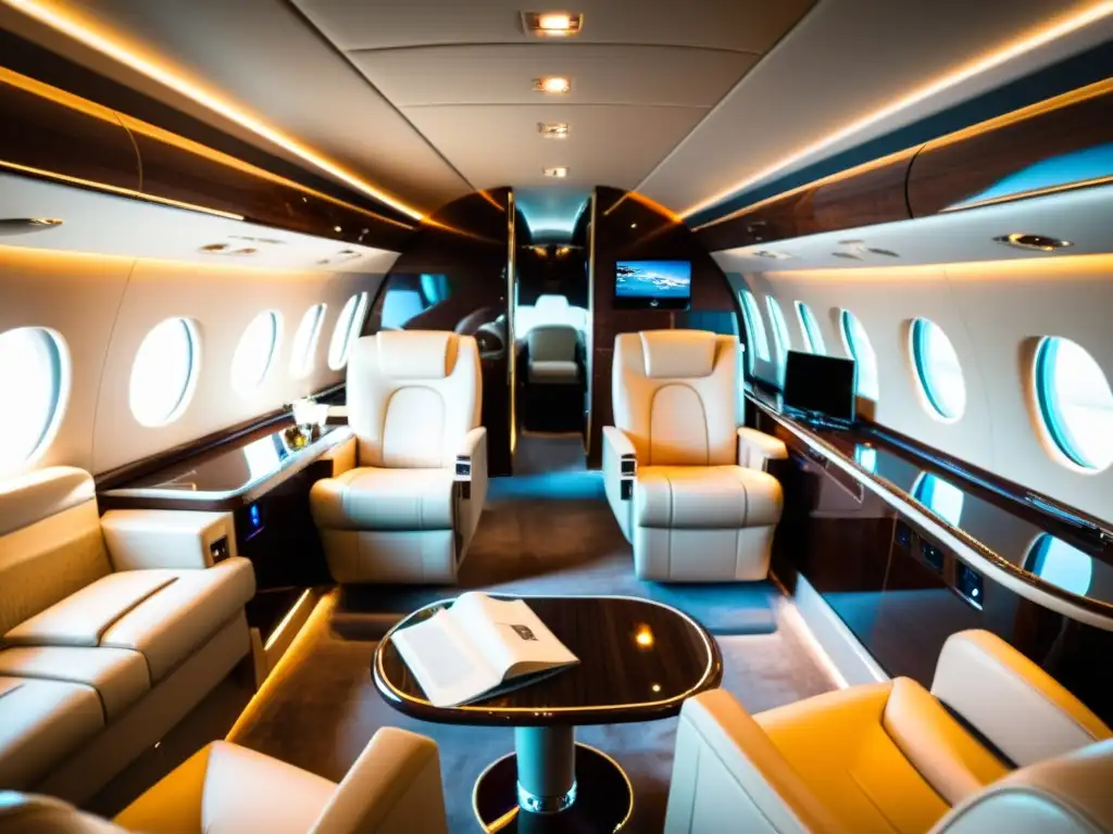 Interior lujoso de un jet privado, con asientos de cuero, madera pulida y una atmósfera elegante