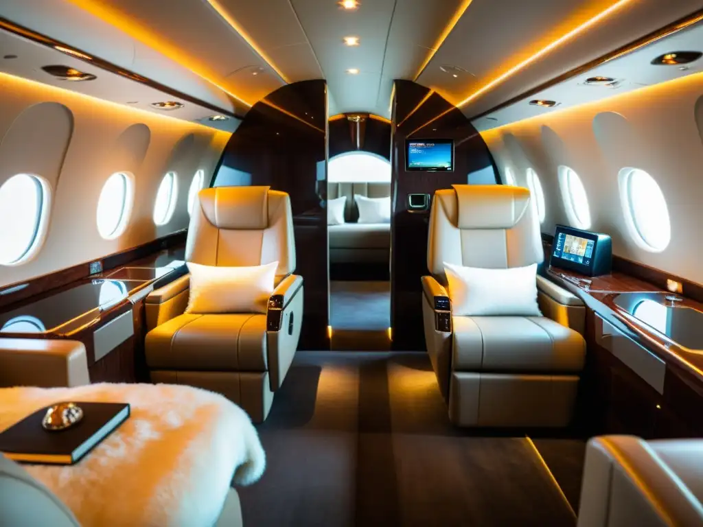 Interior lujoso de jet privado con servicios exclusivos, asientos de cuero y ambiente cálido para viajes transcontinentales