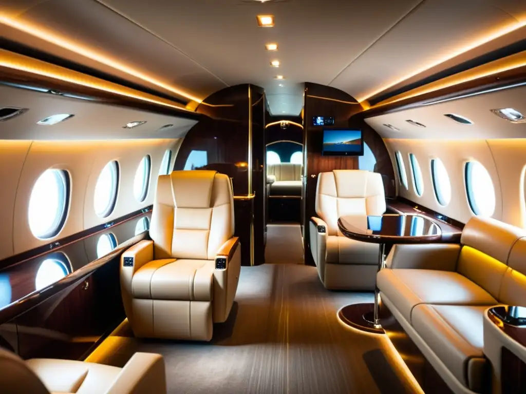 Interior lujoso de un jet privado con servicios exclusivos, asientos de cuero y elegantes detalles de madera, iluminación cálida