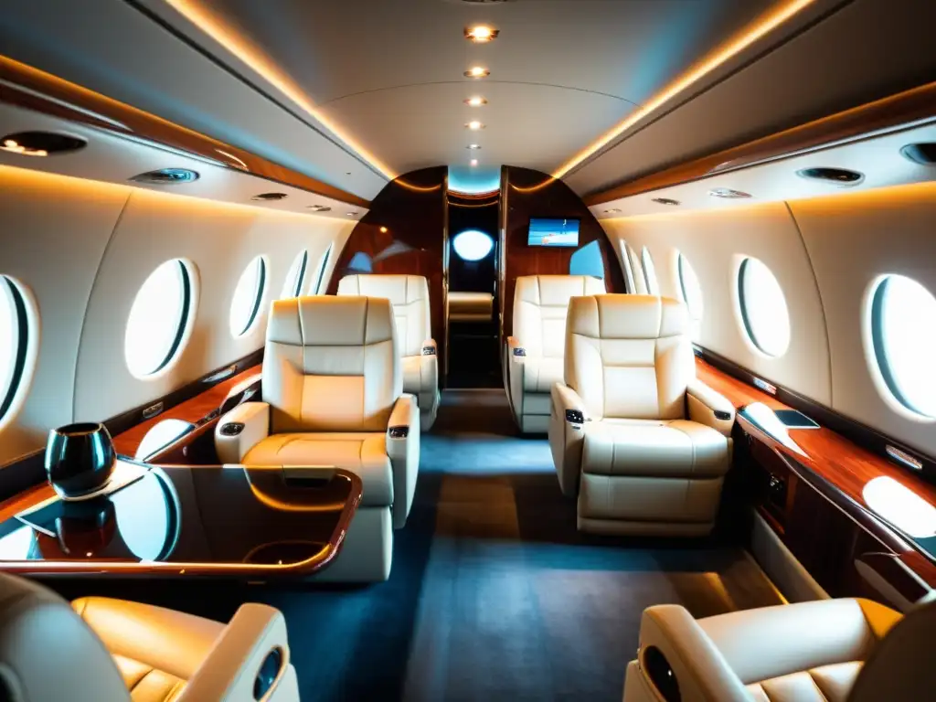 Interior lujoso de jet privado con asientos de cuero, diseño elegante y comodidades modernas