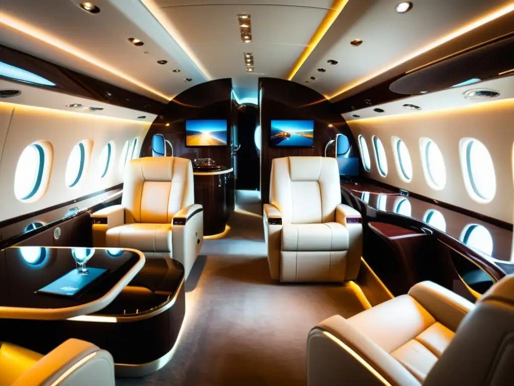 Interior lujoso de jet privado con amenidades exclusivas