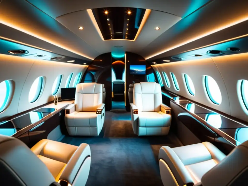 Interior lujoso de jet privado con personalización, tecnología punta y ambiente sofisticado