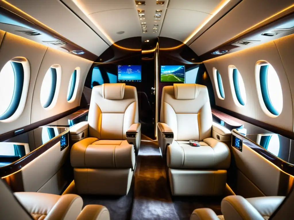 Interior lujoso de jet privado con tecnología punta y personalización de asientos de cuero