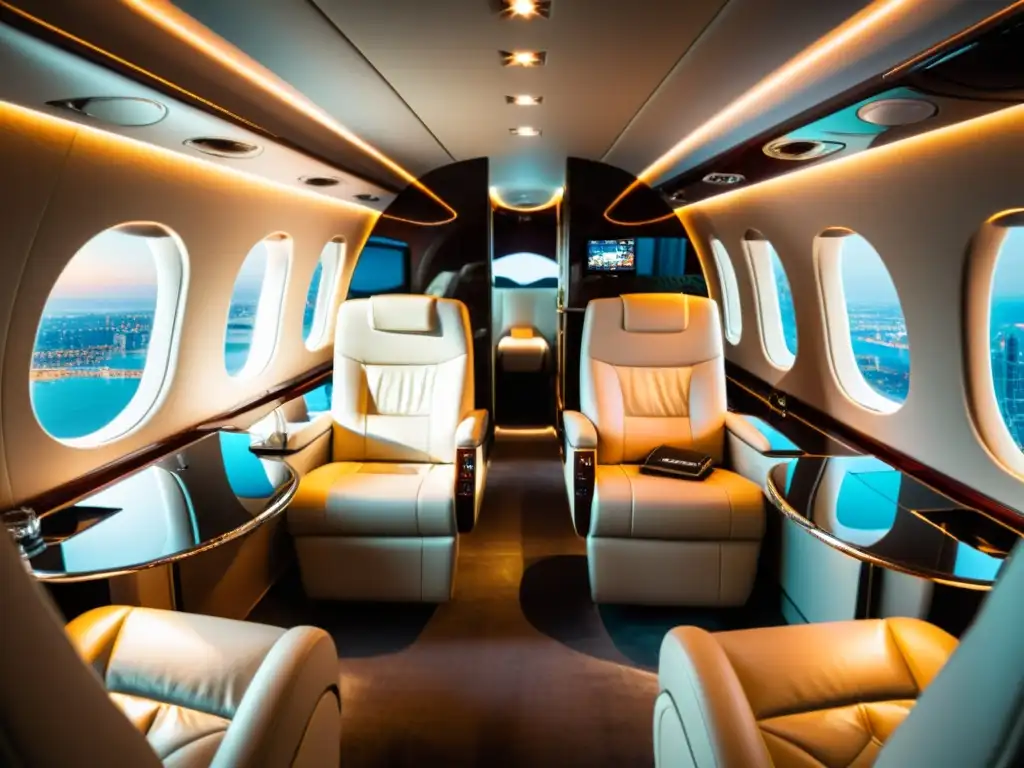 Interior lujoso de jet privado con comodidad exclusiva y vista a la ciudad