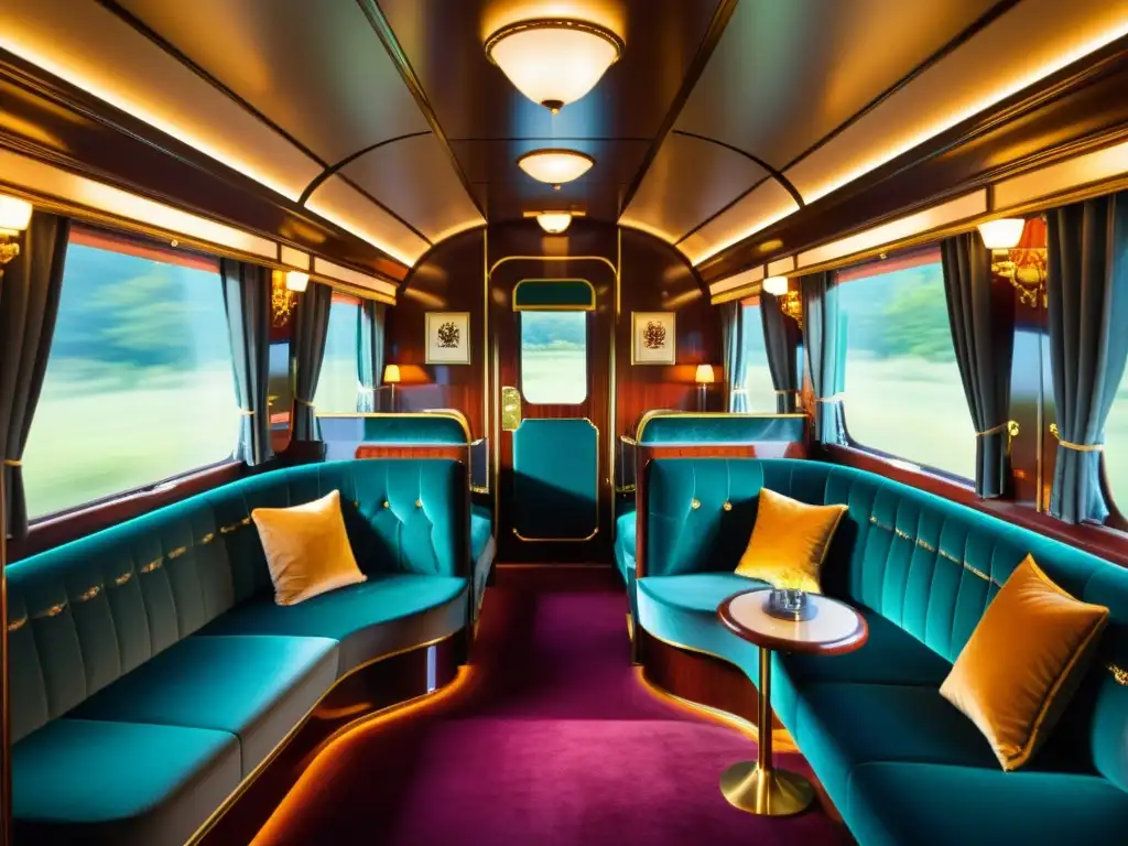 Interior lujoso del moderno Orient Express, con diseño Art Deco, asientos de terciopelo y detalles de latón