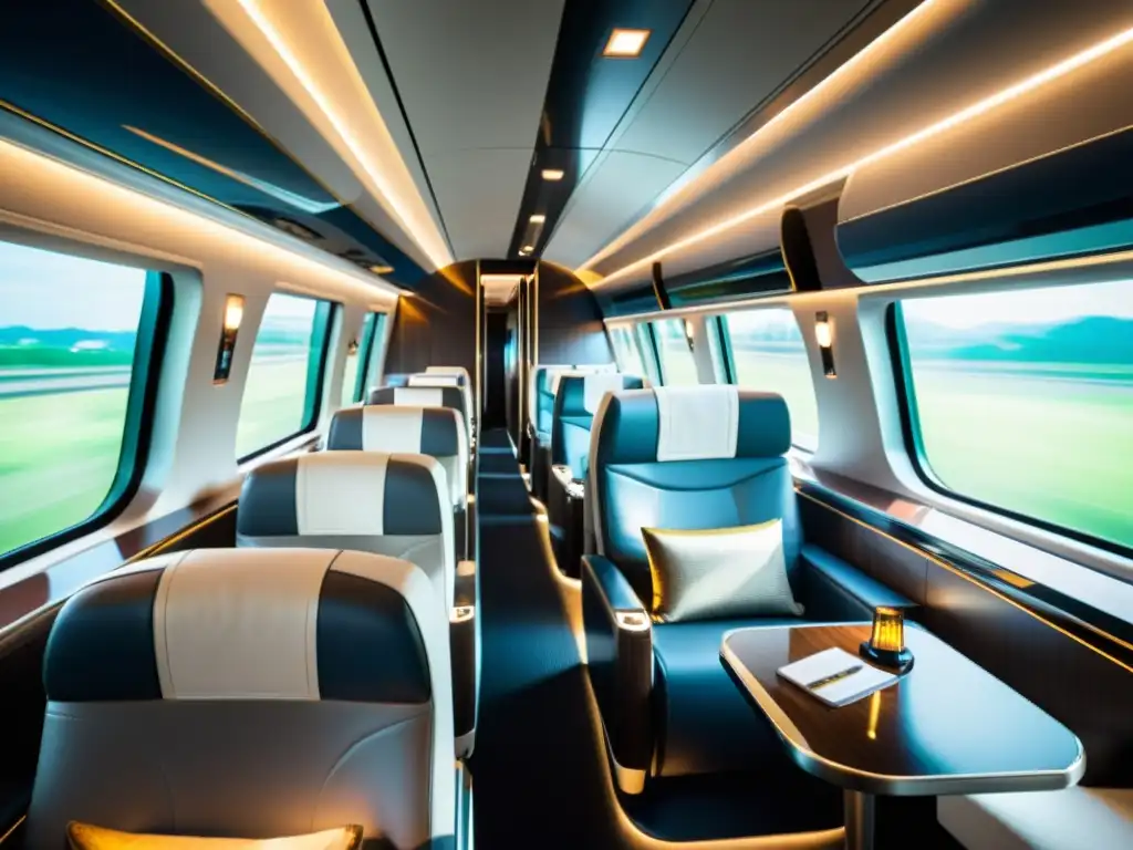 Interior lujoso de tren bala con asientos de cuero, iluminación elegante y servicio atento