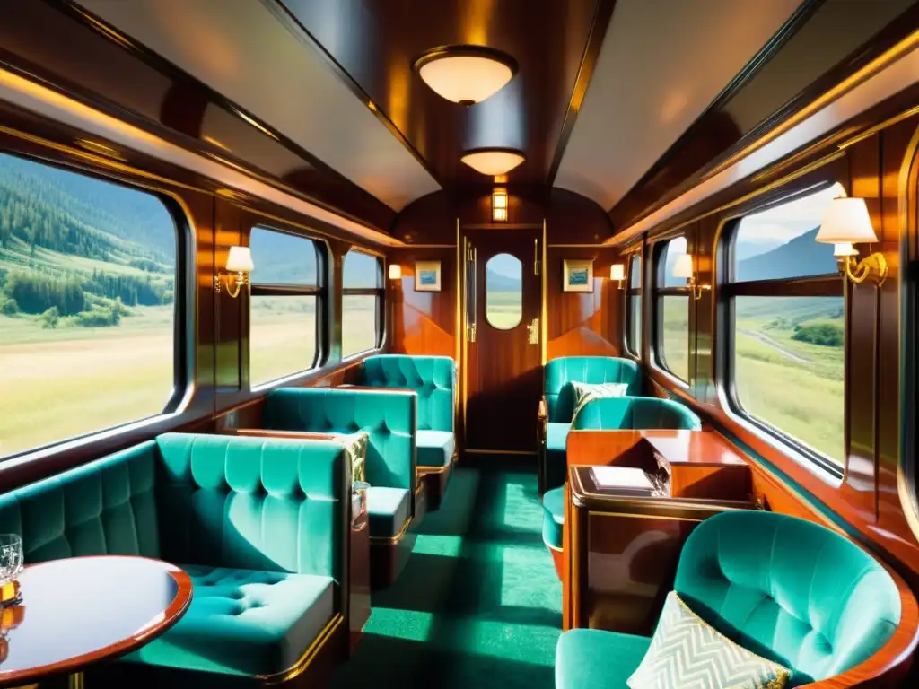 Interior lujoso de vagón de tren transcontinental, con decoración elegante y ventanas grandes