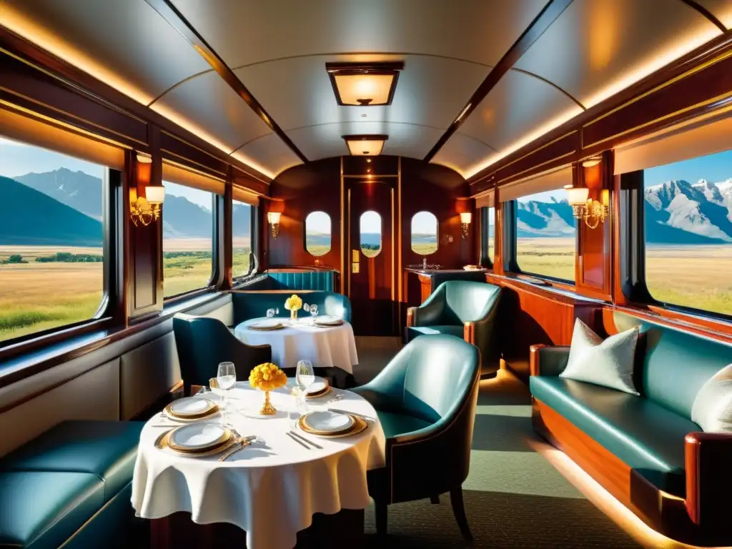 Interior lujoso de un vagón de tren transcontinental con muebles de cuero, paneles de madera y ventanas panorámicas