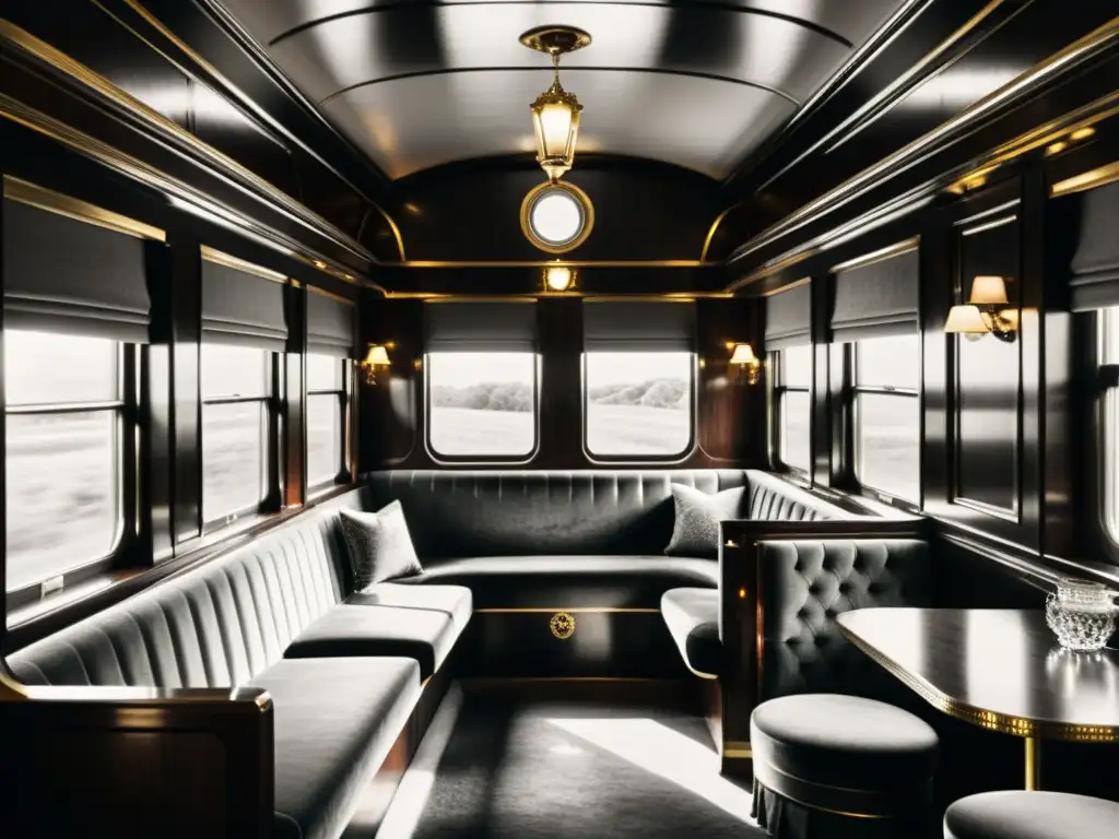 Interior lujoso de un vagón de tren vintage, con detalles en madera, asientos de terciopelo y elegantes ventanales