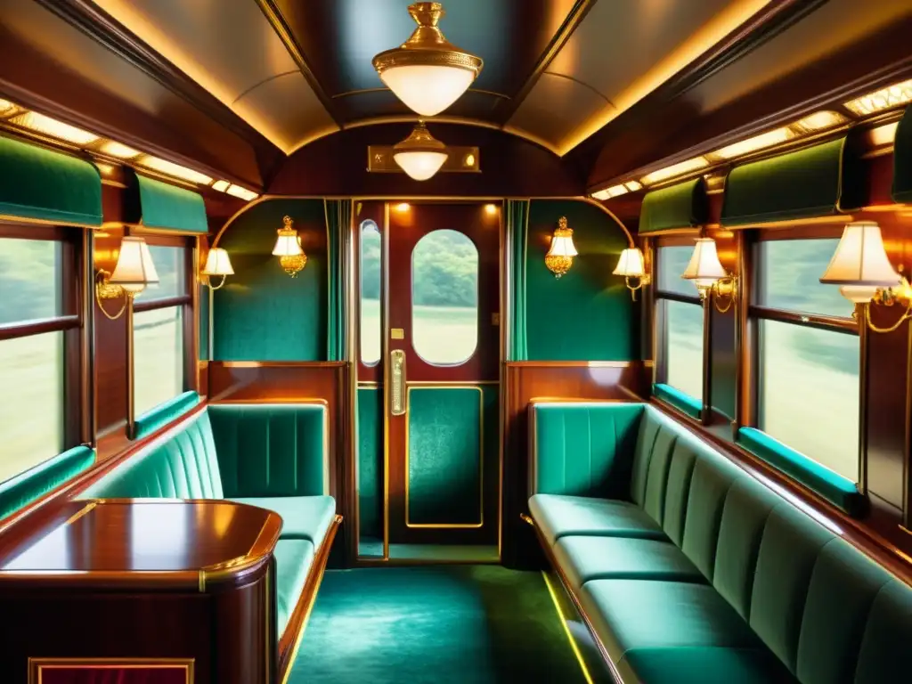 Interior lujoso de vagón de tren vintage con paneles de madera, asientos de terciopelo y detalles de latón