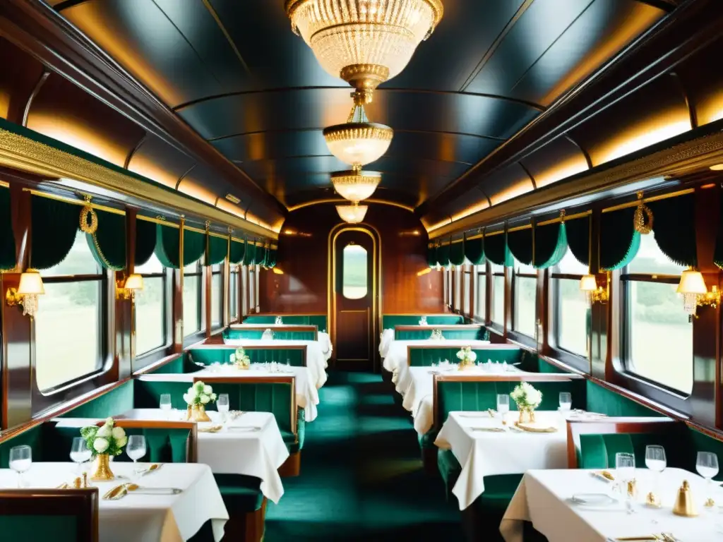 Interior lujoso de vagón de tren con muebles de terciopelo, lámparas de cristal y pasajeros disfrutando de un viaje en tren de lujo