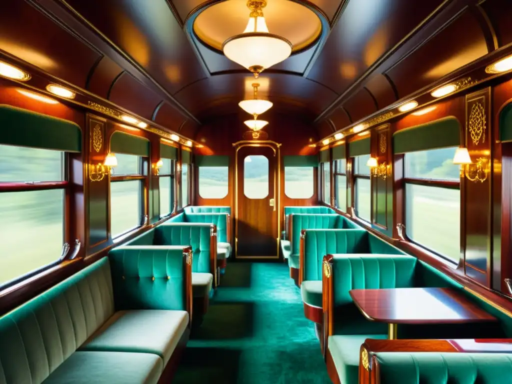 Interior lujoso de vagón de tren vintage con detalles ornamentales, asientos de terciopelo y ambiente de elegancia atemporal