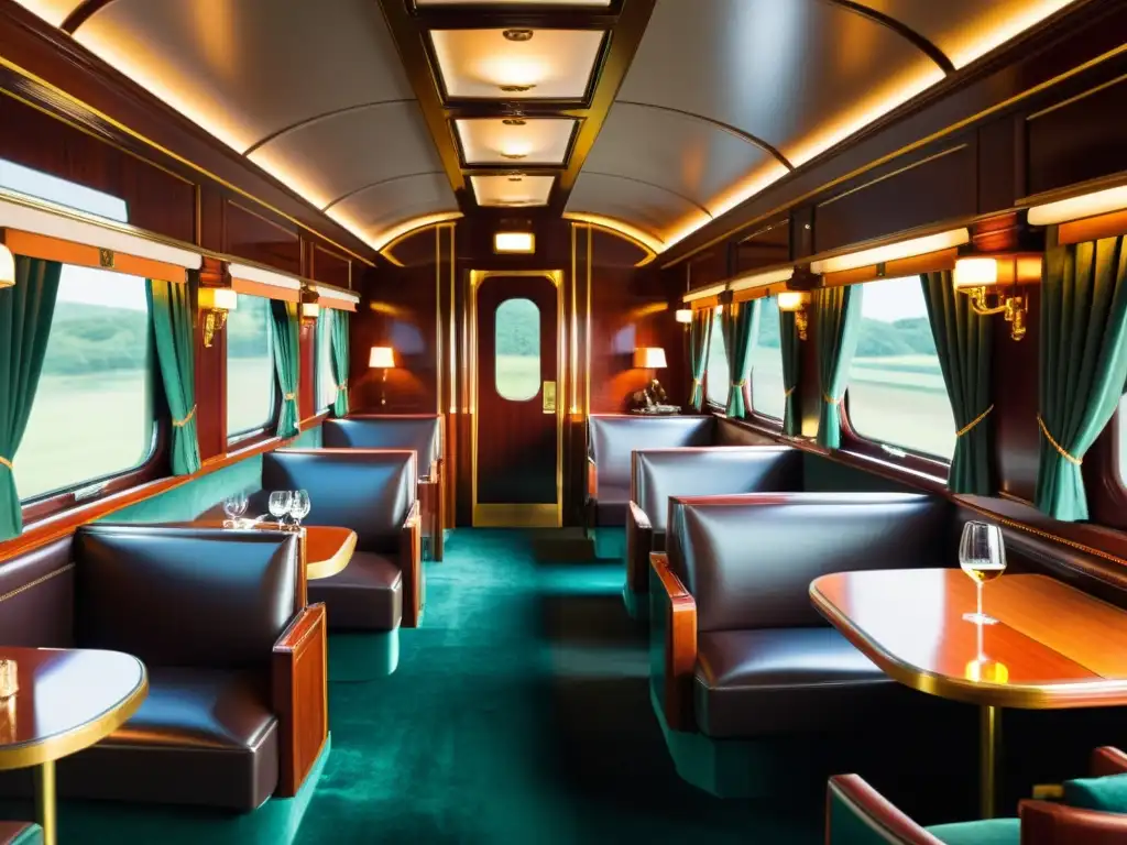 Interior lujoso del vagón de tren transcontinental, con detalles refinados y atmósfera de elegancia y lujo en ferrocarriles transcontinentales