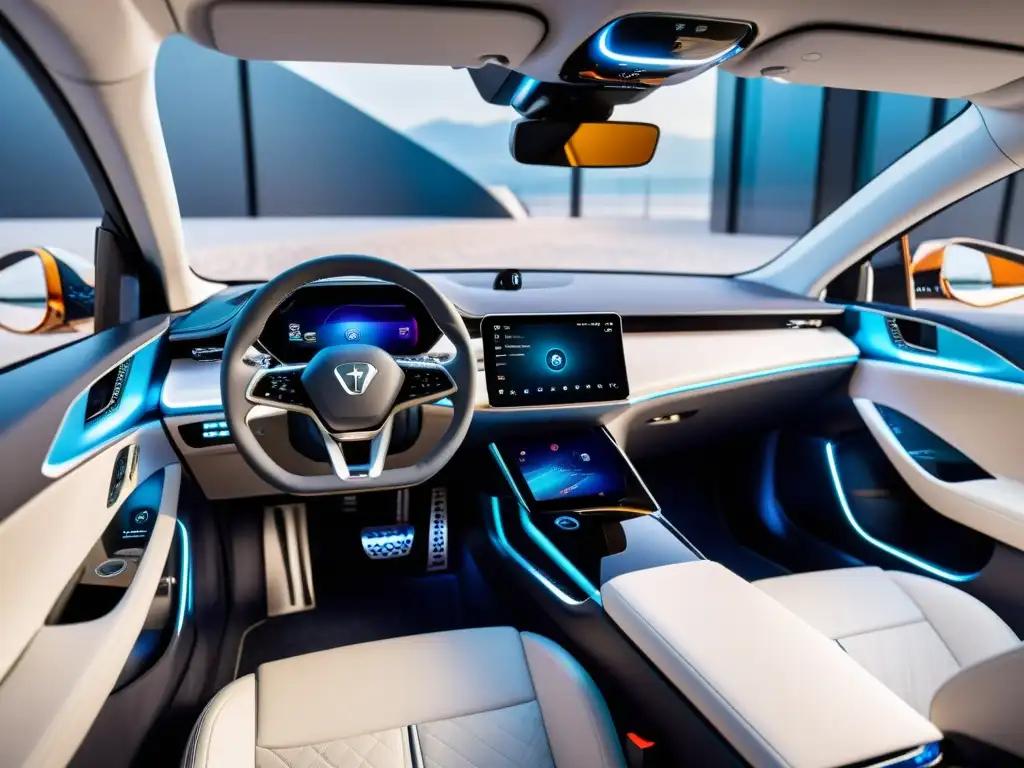 Interior lujoso de vehículo eléctrico con AI integrado para experiencia de conducción inmersiva y elegante