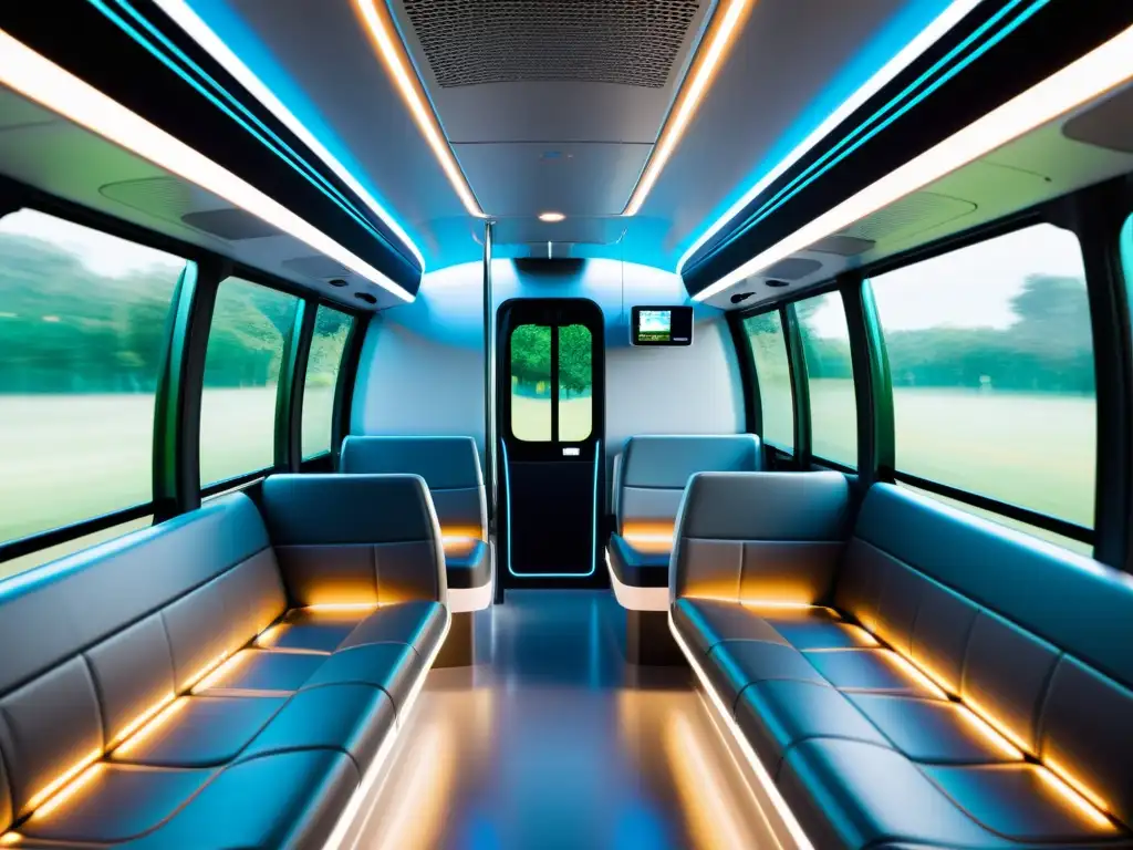 Interior moderno de autobús eléctrico con iluminación LED eficiente, destacando la iluminación sostenible en el transporte público