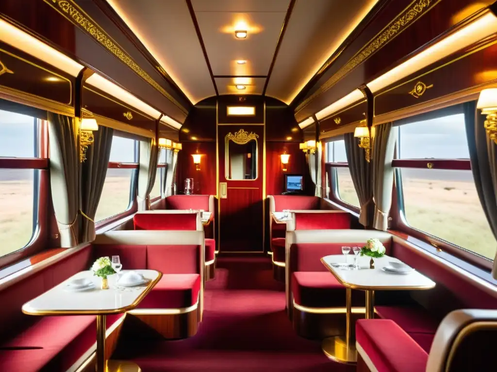 Interior opulento del lujoso tren The Ghan en Australia, con detalles exquisitos y ambiente de lujo refinado