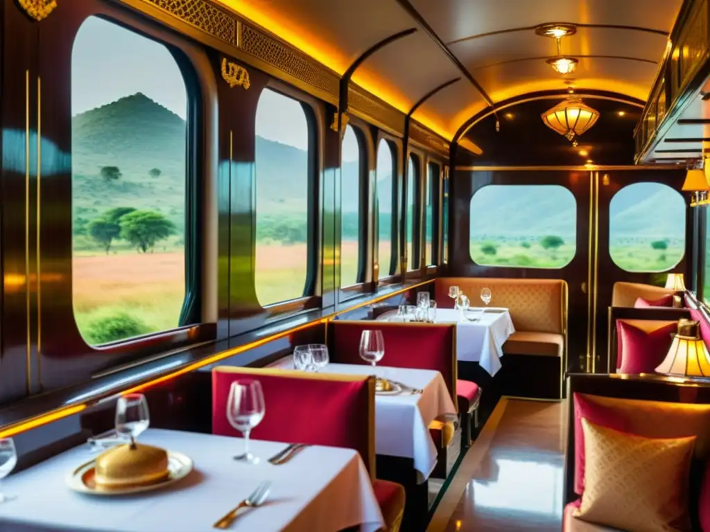 Interior opulento del tren El Maharajas' Express, con decoración lujosa y asientos cómodos