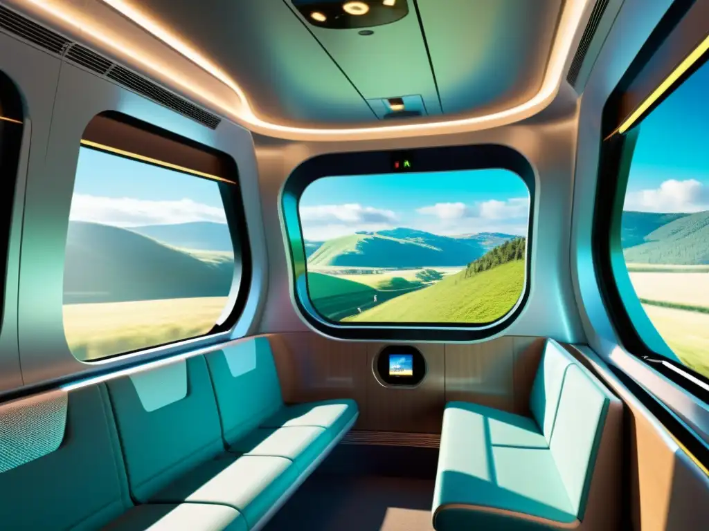 Interior de tren futurista con diseño inteligente y tecnológico, asientos curvos, amplias ventanas y ambiente acogedor