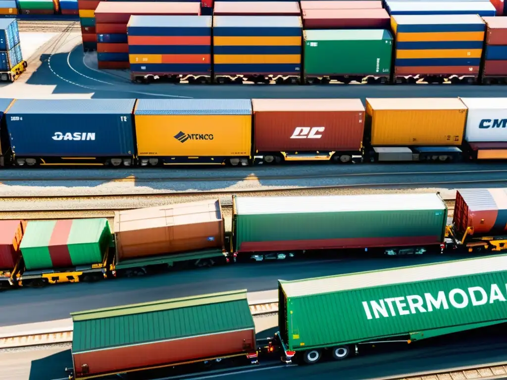 Intermodalidad eficiente para transporte seguro: Imagen panorámica de un bullicioso patio de carga intermodal, con trenes, camiones y barcos descargando y transfiriendo mercancías