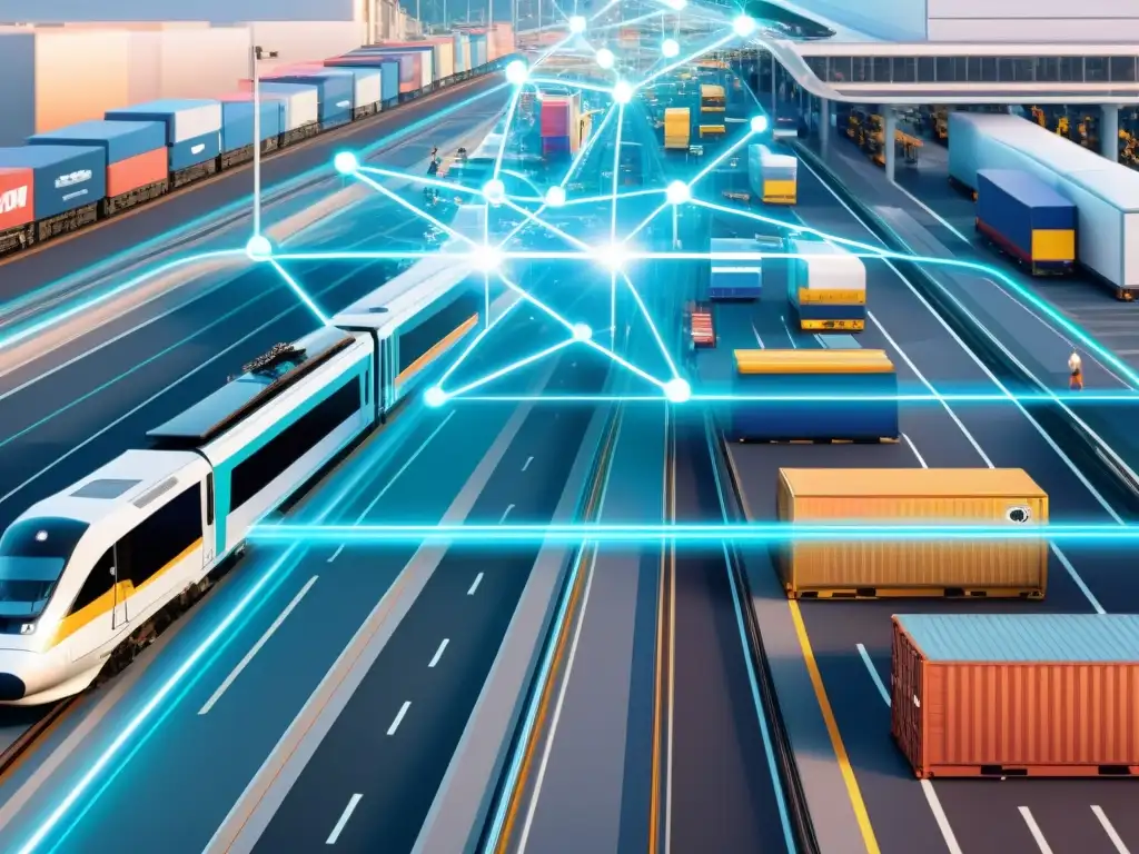 Interoperabilidad en transporte con blockchain: Una escena futurista de flujo fluido entre distintos modos de transporte y una red blockchain