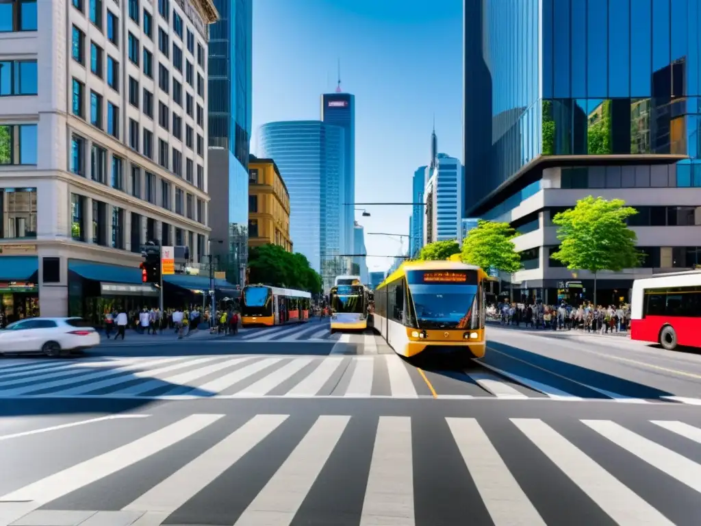 Una intersección bulliciosa de ciudad con peatones, ciclistas y diferentes formas de transporte público