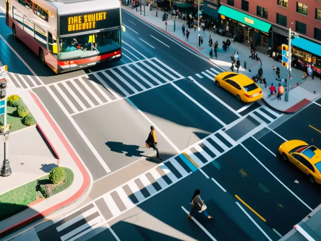 Una intersección bulliciosa de la ciudad desde arriba, con tráfico de autos y autobuses, peatones cruzando la calle y un juego de sombras