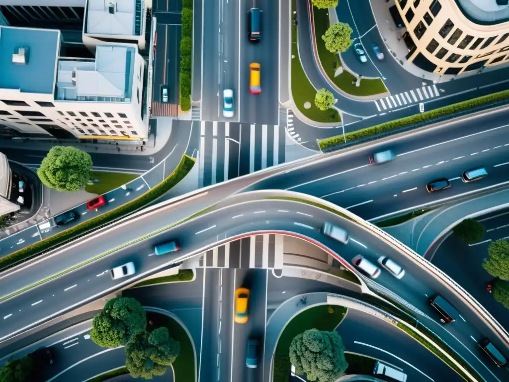 Una intersección urbana bulliciosa capturada desde el aire, con señalización vial innovadora optimizando el flujo vehicular y reduciendo la congestión