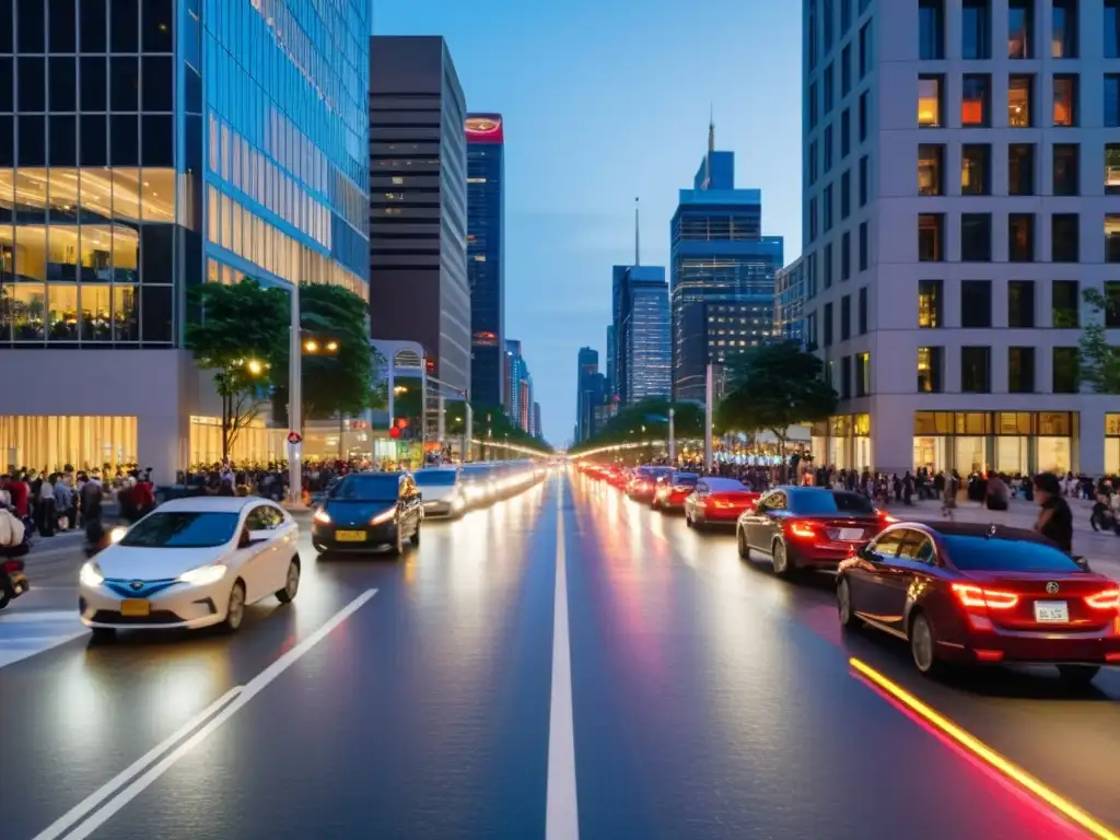 Una intersección urbana bulliciosa al anochecer, con luces de coches y edificios modernos