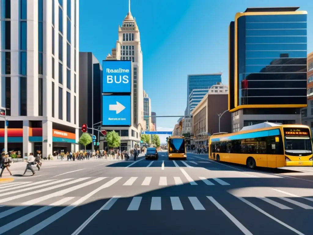 Intersección urbana con tráfico, peatones y señalización digital de buses Una intersección urbana bulliciosa con tráfico, peatones cruzando y una señalización digital en transporte urbano