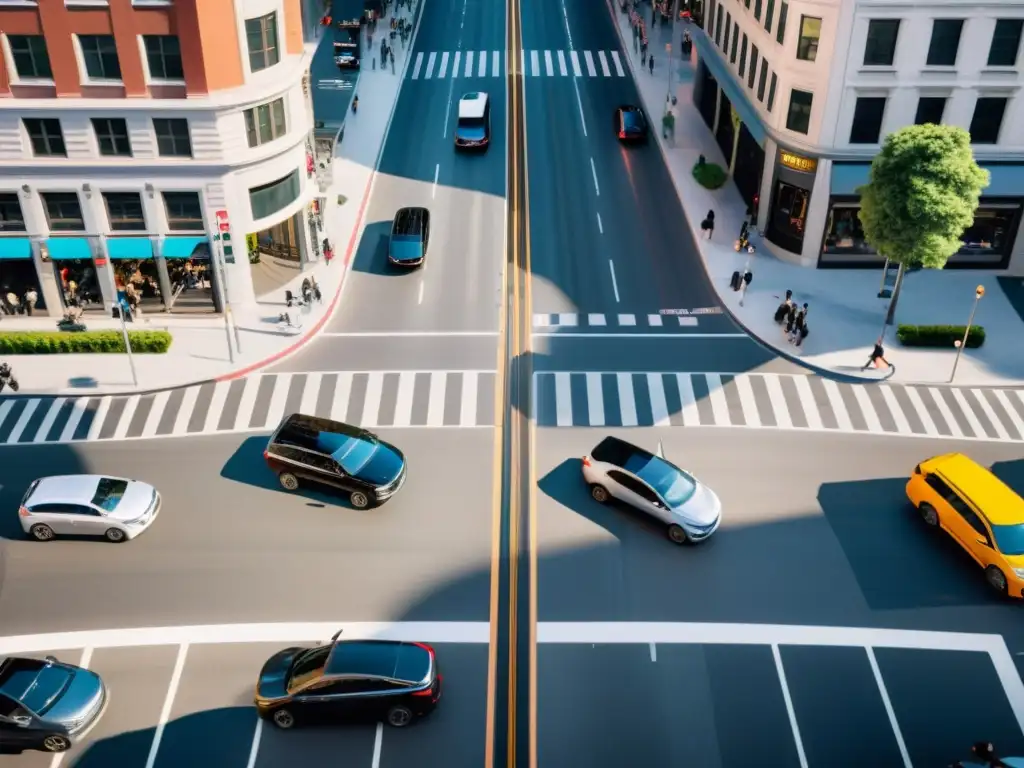 Una intersección urbana bulliciosa con vehículos autónomos y tradicionales en armonía, destacando la reducción de accidentes