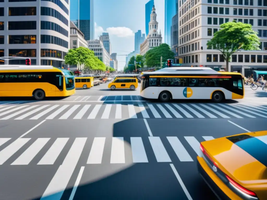 En una intersección urbana, vehículos, peatones y bicicletas se integran en un sistema de transporte inteligente, reflejando la integración multimodal en transporte inteligente en la ciudad