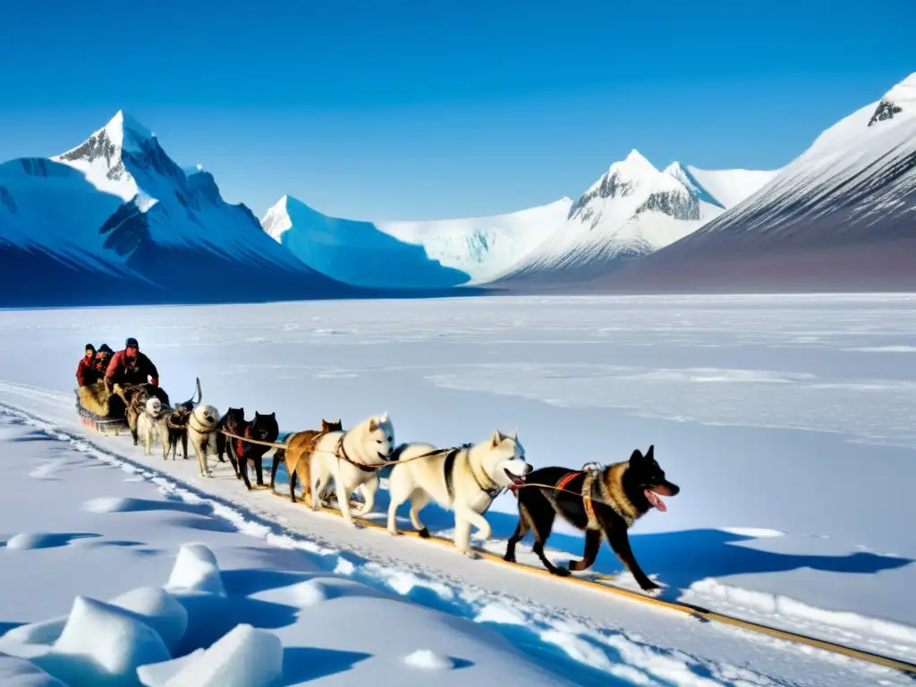 Inuit hunters expertos en transporte ártico con trineos de perros, destacando la conexión entre cultura y tecnología