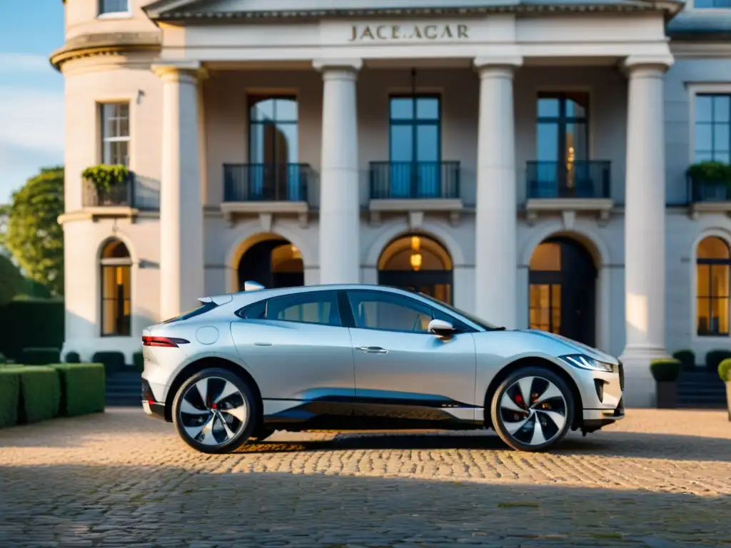 Un Jaguar IPACE eléctrico plateado estacionado frente a un edificio histórico en una calle empedrada, evolución de los medios de transporte