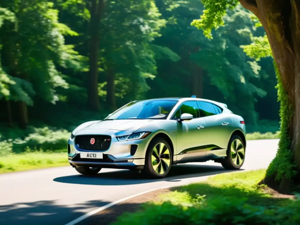 Un Jaguar IPACE plateado en un bosque exuberante, reflejando la evolución de los medios de transporte sostenibles