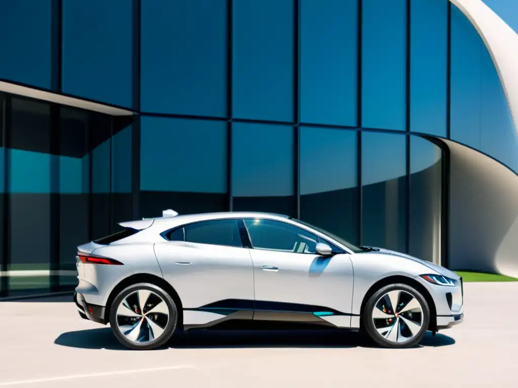 Un Jaguar IPACE plateado brilla bajo el sol, frente a un edificio futurista de cristal