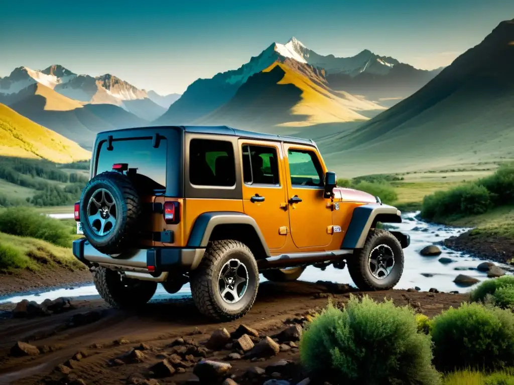 Un Jeep Wrangler vintage recorriendo terreno lodoso con montañas de fondo, capturando la evolución histórica de los vehículos todo terreno