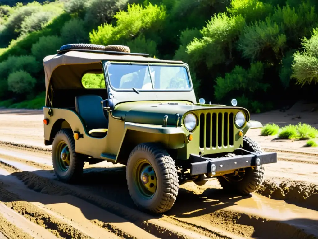 Un Jeep Willys verde oliva, cubierto de barro y polvo, evoca la importancia del Jeep Willys en la Segunda Guerra Mundial