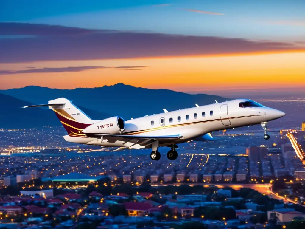 Jet privado sobrevolando un atardecer vibrante sobre la ciudad