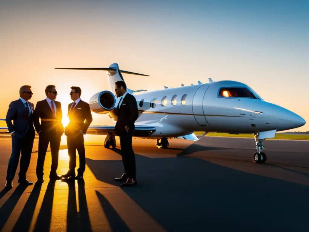 Un jet privado elegante en la pista, con un equipo de brokers y profesionales de la aviación