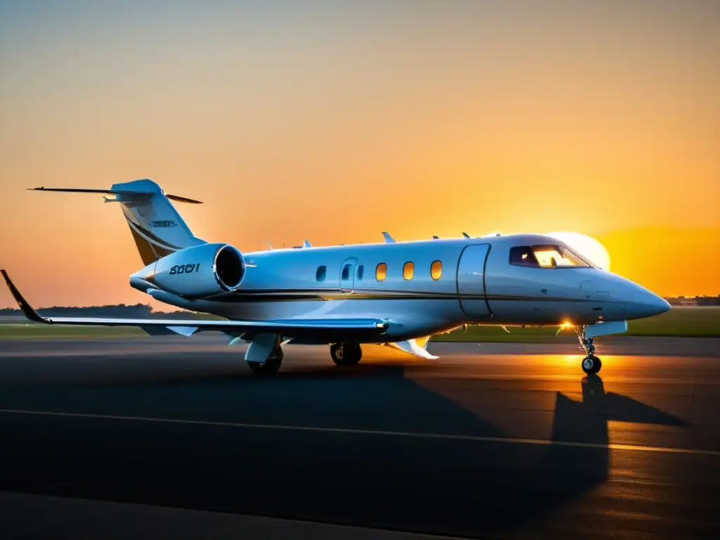 Un jet privado de lujo estacionado en una pista impecable al atardecer, irradiando exclusividad