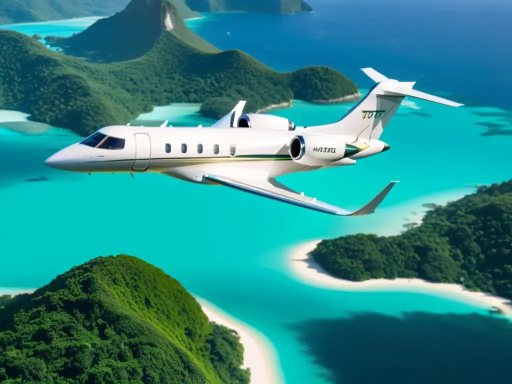 Un jet privado de lujo sobrevuela una impresionante isla tropical, con aguas cristalinas y montañas verdes