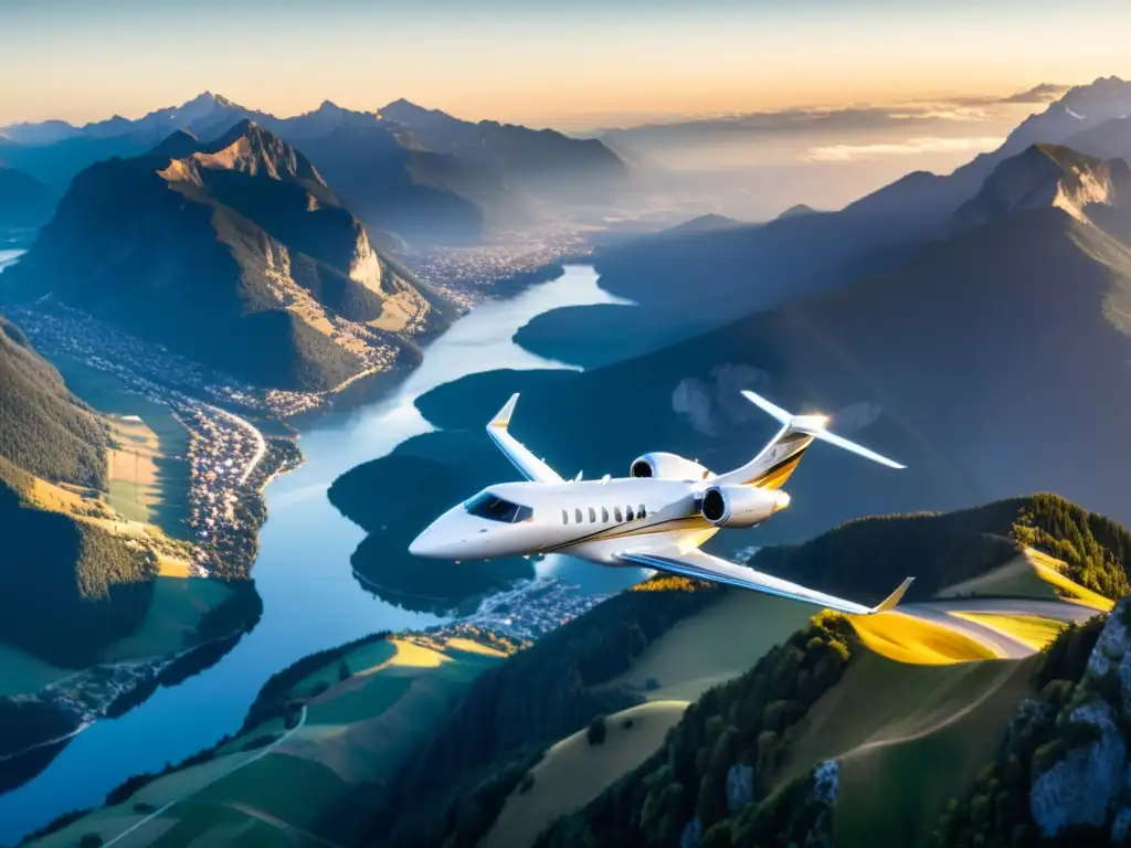 Un jet privado de lujo surcando majestuosas montañas al atardecer, con un resplandor dorado en el cielo