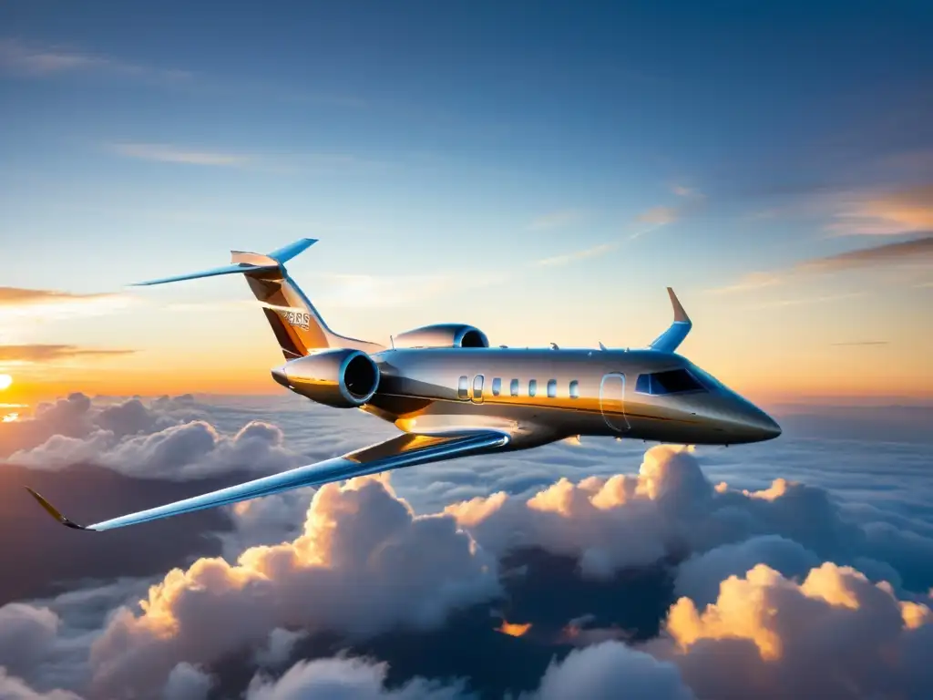 Un jet privado de lujo sobrevuela las nubes al atardecer, evocando exclusividad y opulencia en la propiedad compartida jets privados